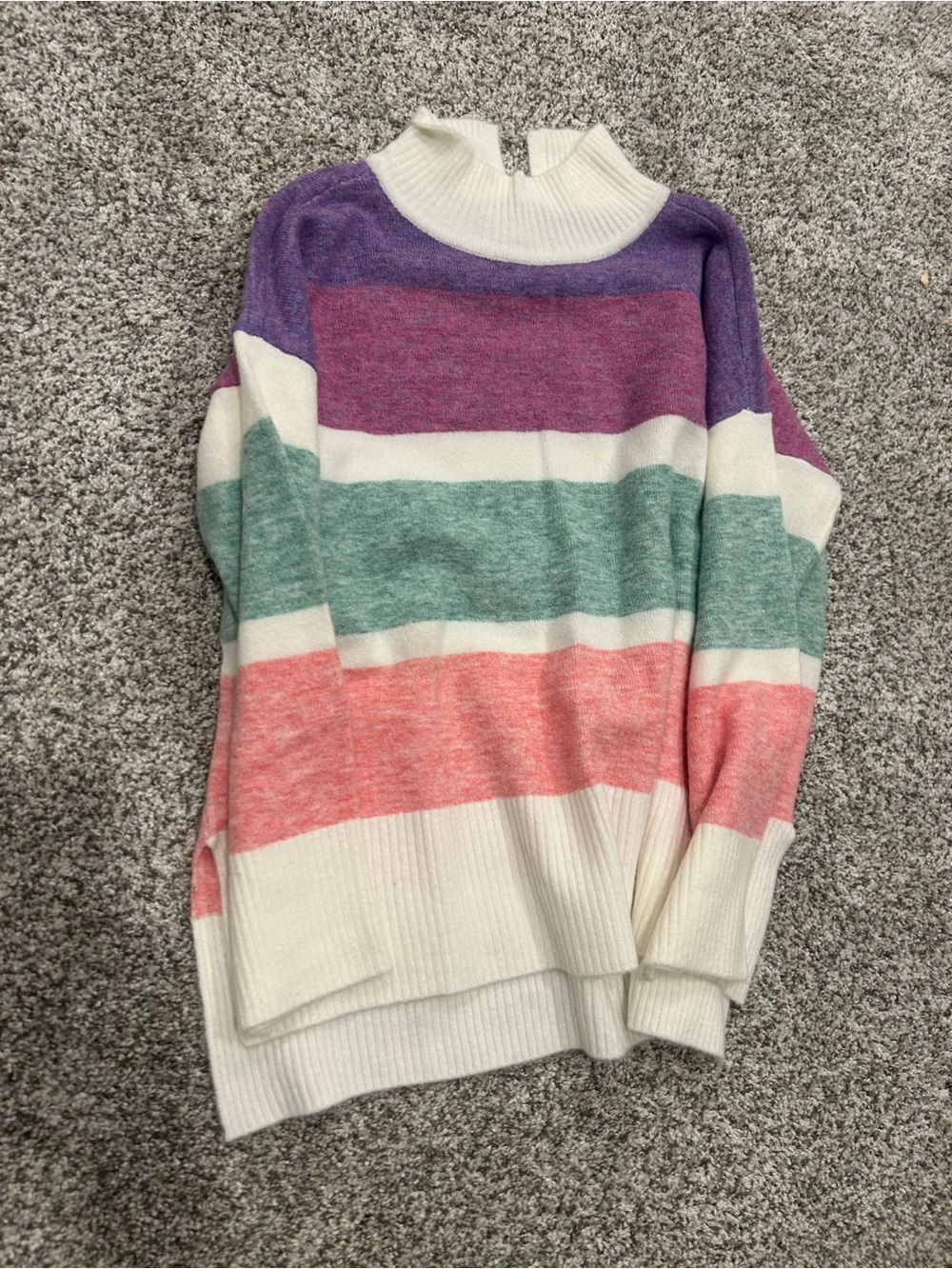 Hatley Striped Cowl Neck Sweater in Purple, Green, Coral & Cream